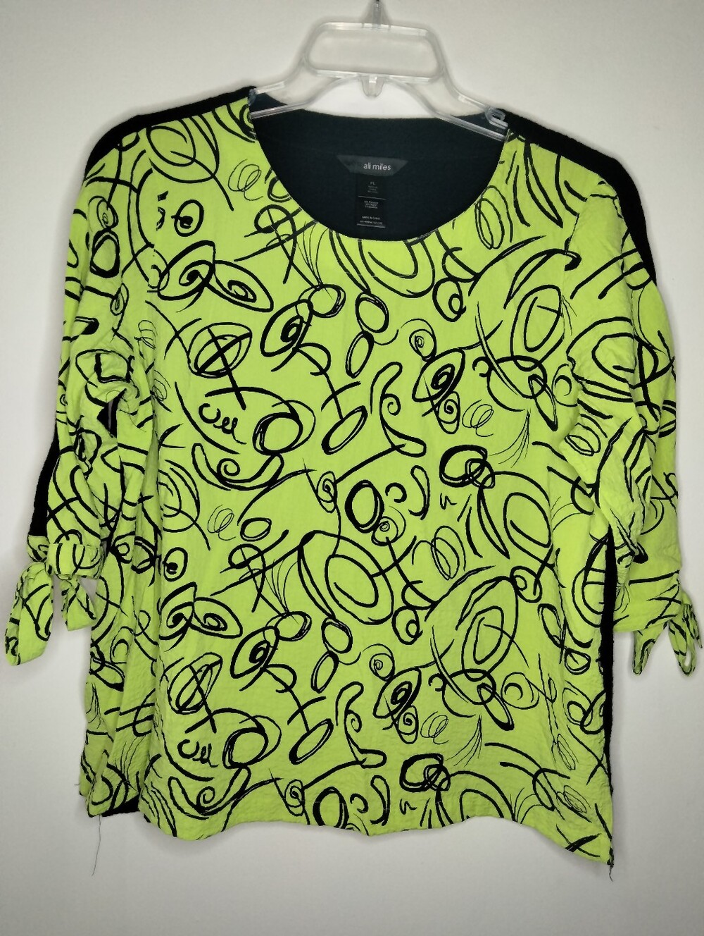 Ali Miles (Sz L Petite) Black & Neon Lime Scribble-Print Stretch Blend Tunic Top